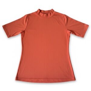 No Doubt Top Women’s Pink Mock Neck Short Sleeve Fitted Tee Casual Stretch